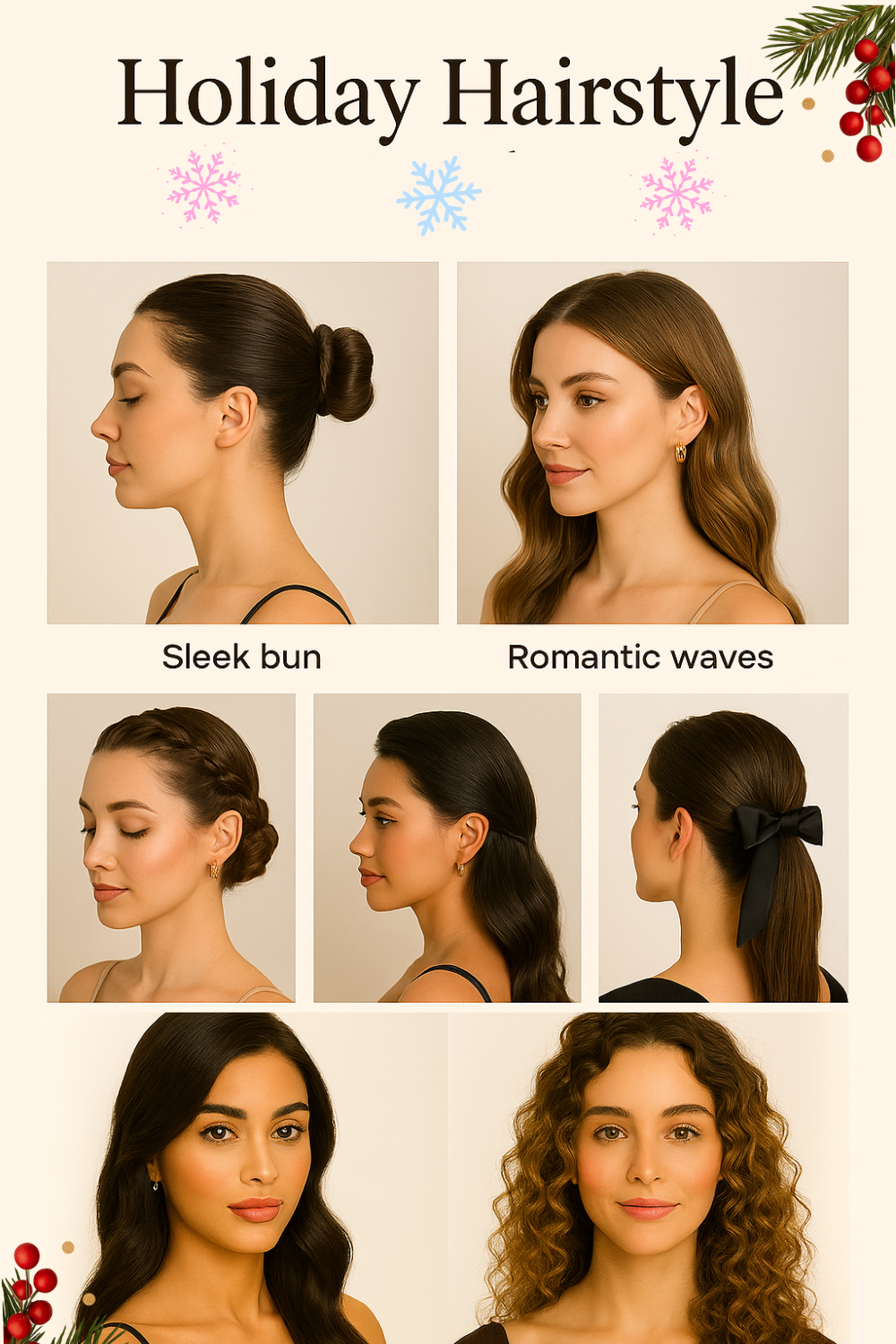 Holiday hairstyle collage showing five women’s side-profile hair looks, including a sleek bun and romantic waves