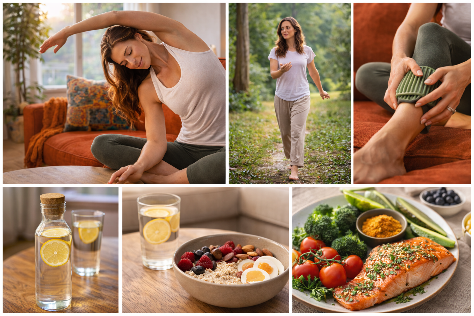 Wellness collage of yoga, walking, massage, lemon water, breakfast bowl, and salmon with vegetables