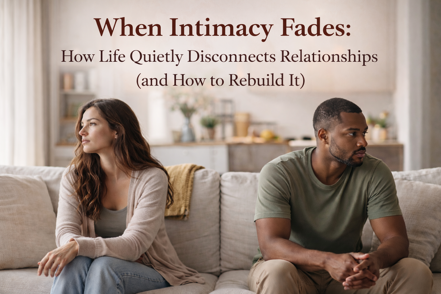 Couple sitting apart on a couch, looking away, with text: “When Intimacy Fades: How Life Quickly Disconnects Relationships”