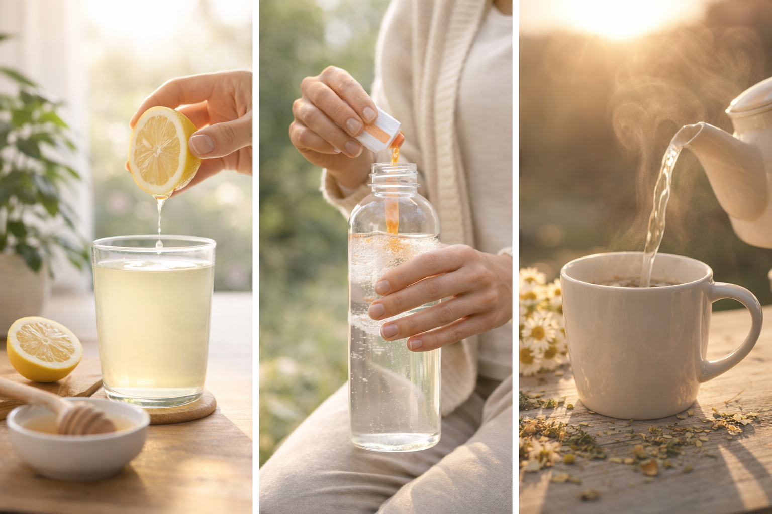 Three-step collage of making lemon water and hot tea in soft morning light