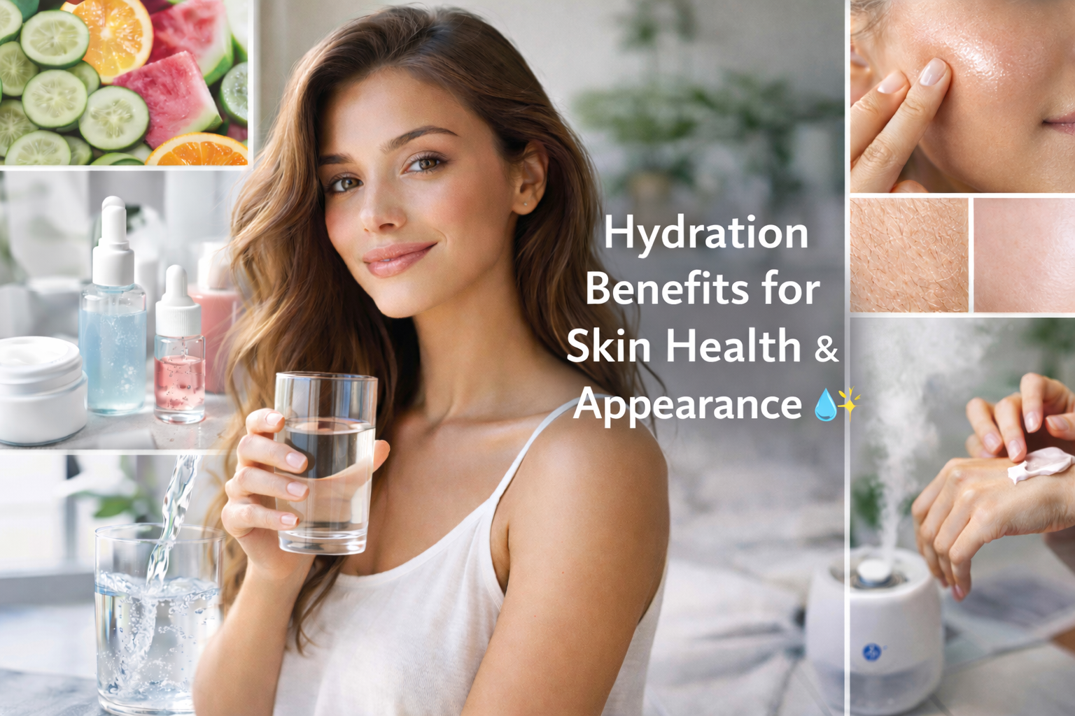 Woman holding water glass with text “Hydration Benefits for Skin Health & Appearance” and skincare visuals