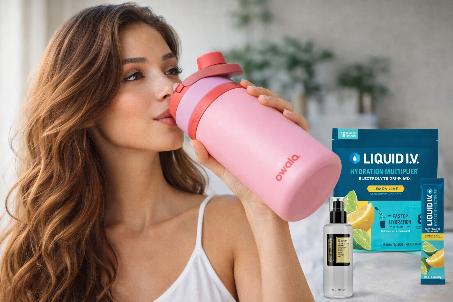 Woman drinking from pink water bottle beside Liquid I.V. hydration products
