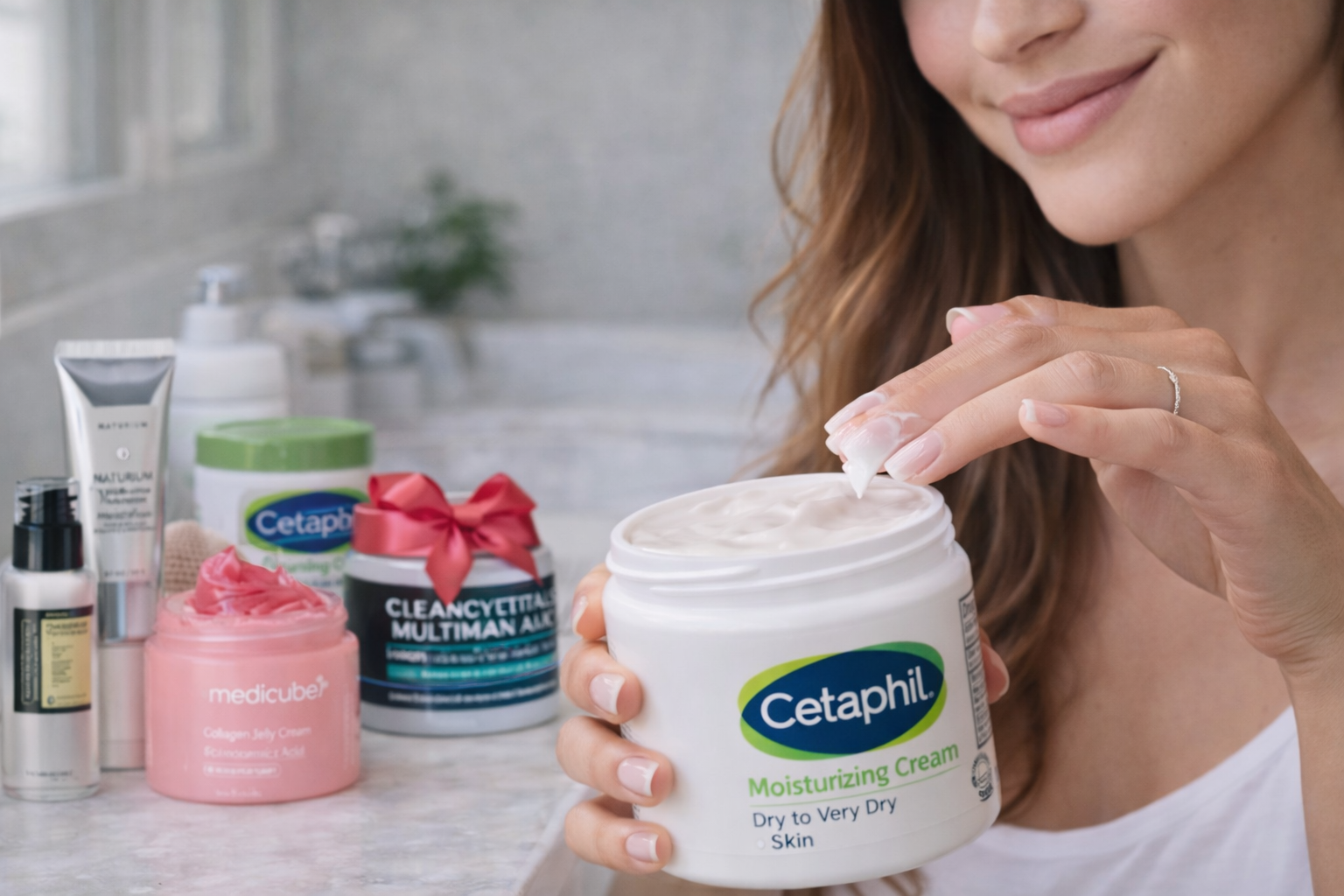 Woman applying cream beside Cetaphil skincare products on a bathroom counter