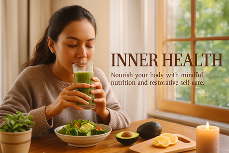 Woman drinks green smoothie at a wooden table with salad, avocado, citrus, and a lit candle by a window.