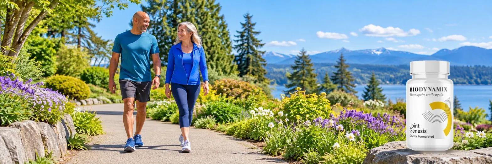 Couple walking in a garden with Joint Genesis bottle