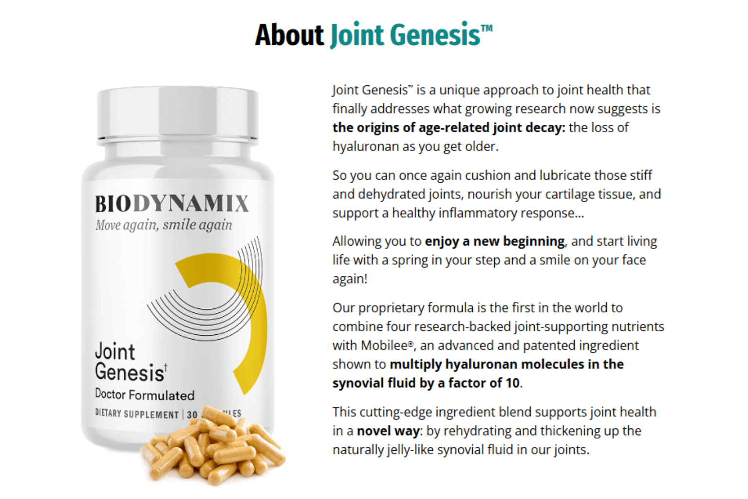 Biodynamix Joint Genesis supplement bottle with capsules and “About Joint Genesis” text on a white background