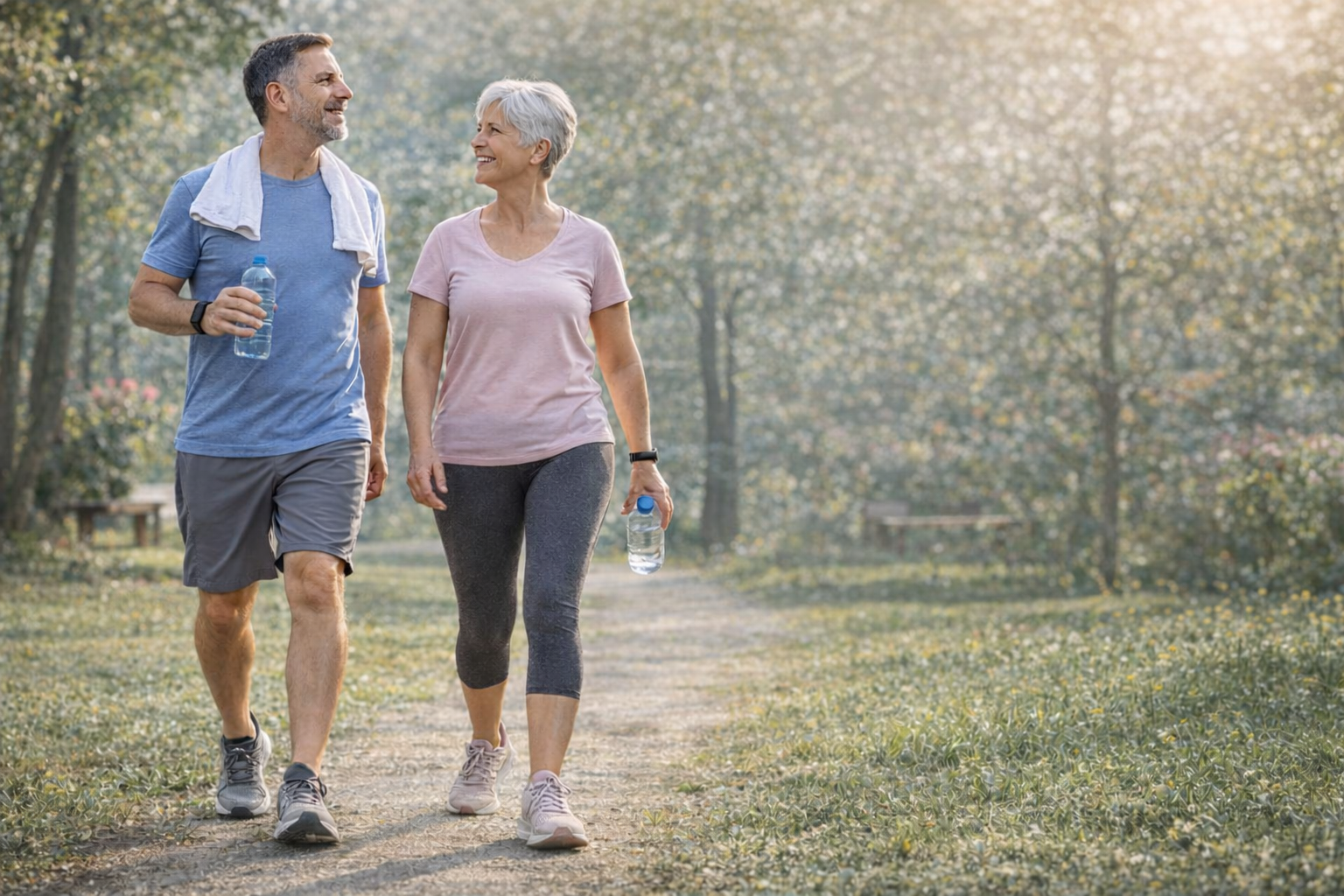 Two people walking on a sunlit park path, smiling and carrying water bottles