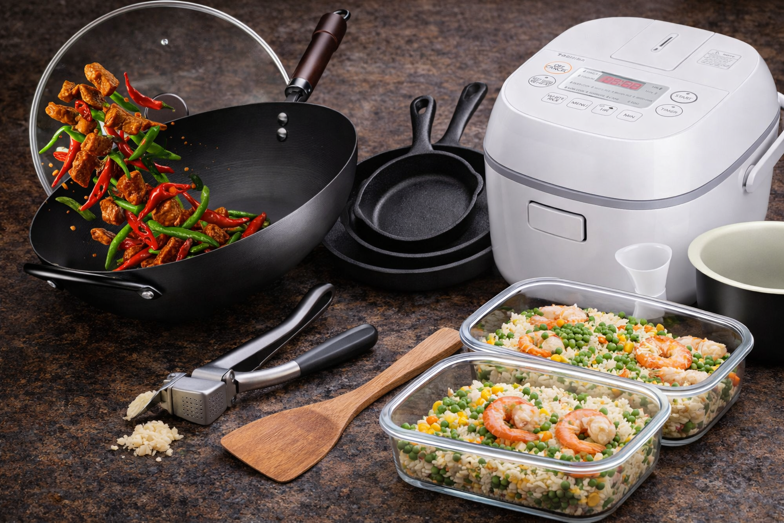 Cooked meal prep with wok, rice cooker, utensils, and two glass containers of shrimp and rice