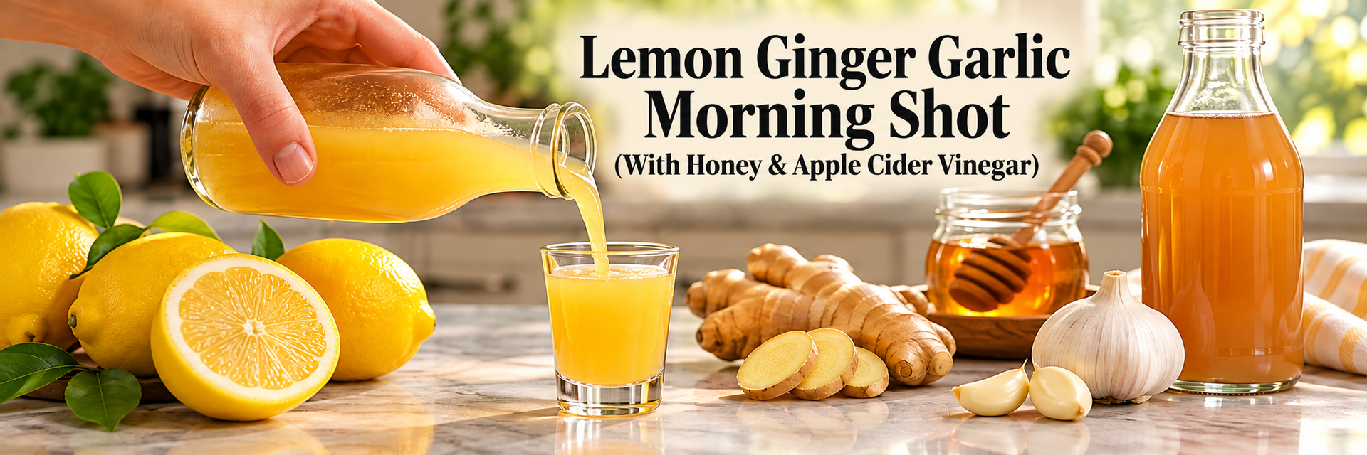 Lemon ginger garlic morning shot being poured beside fresh lemons, ginger, garlic, honey, and apple cider vinegar.
