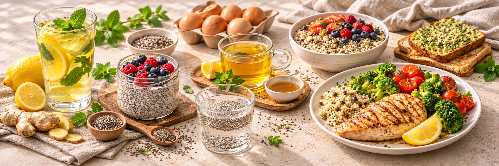 Liver-friendly meals – chia pudding, berries, eggs, grilled chicken and vegetables