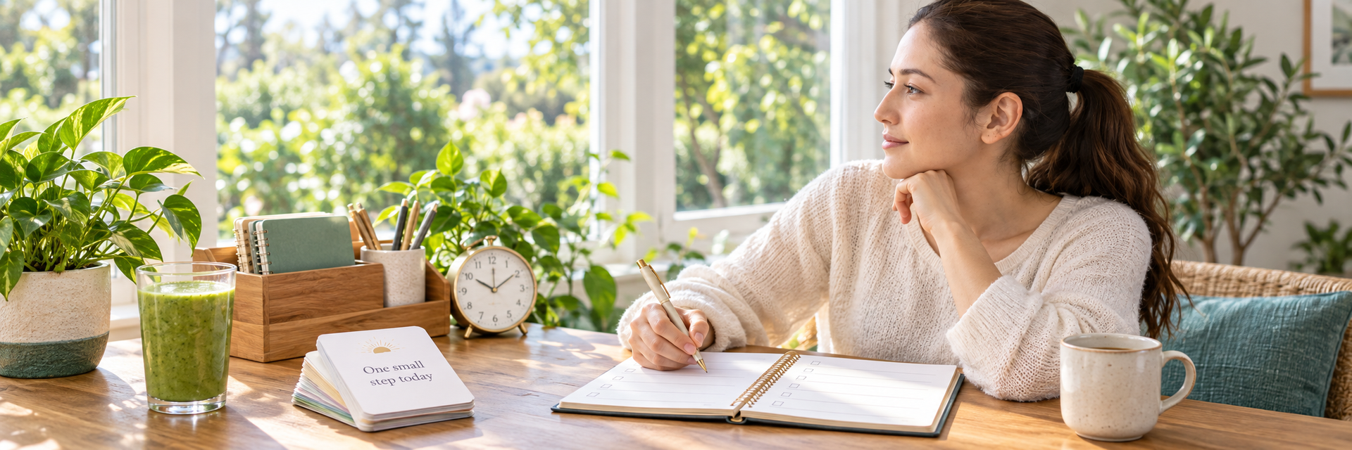 Everyday wellness habits: morning hydration, walking, balanced meals, restful breaks, and mindful moments.