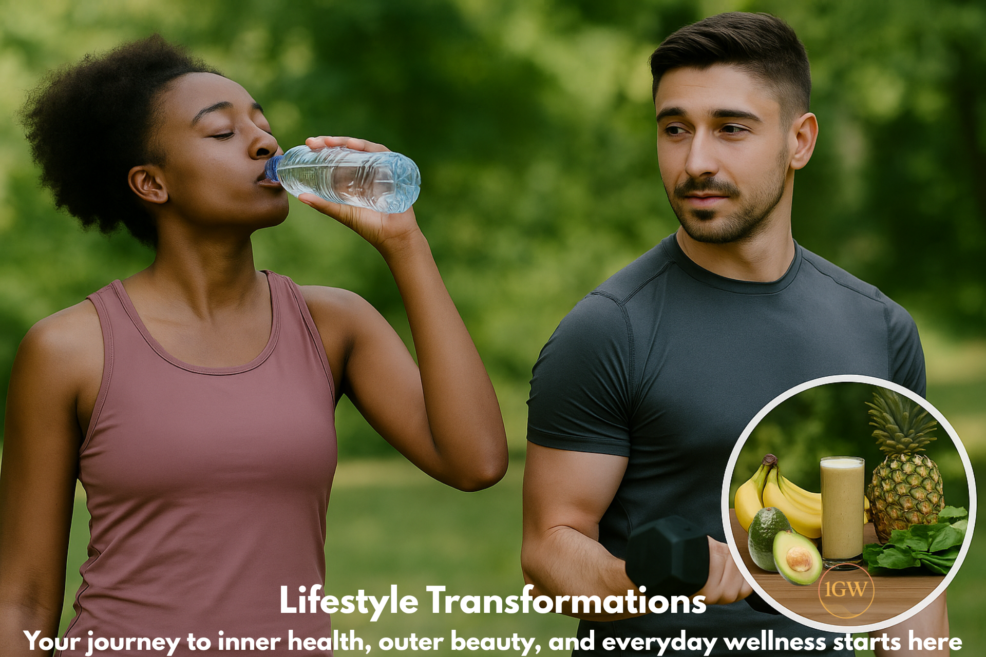 Two people in activewear outdoors, one drinking water, with a wellness collage and “Lifestyle Transformations” text.