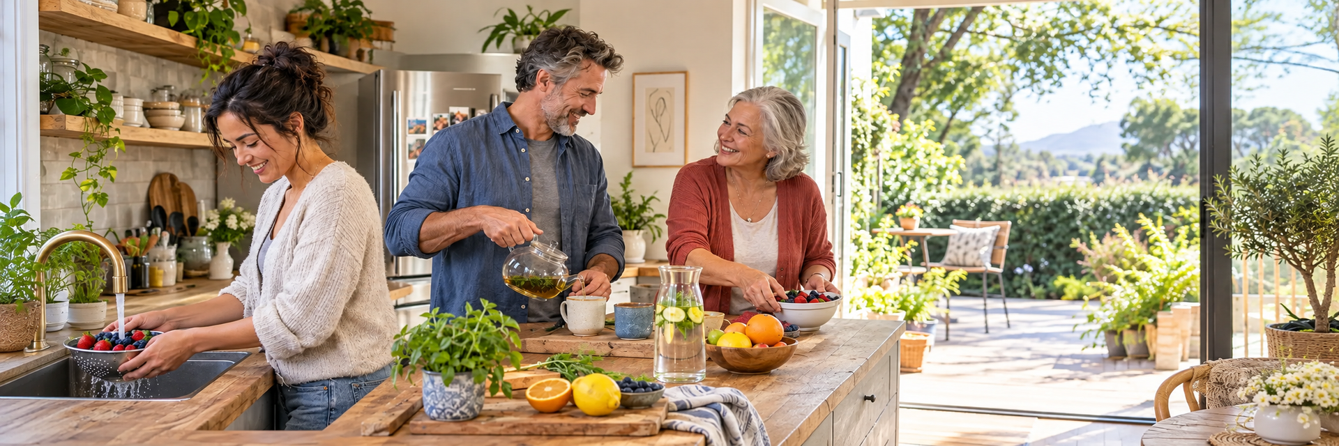 Adults preparing fresh fruit and herbal tea as part of a healthy lifestyle and everyday wellness routine.