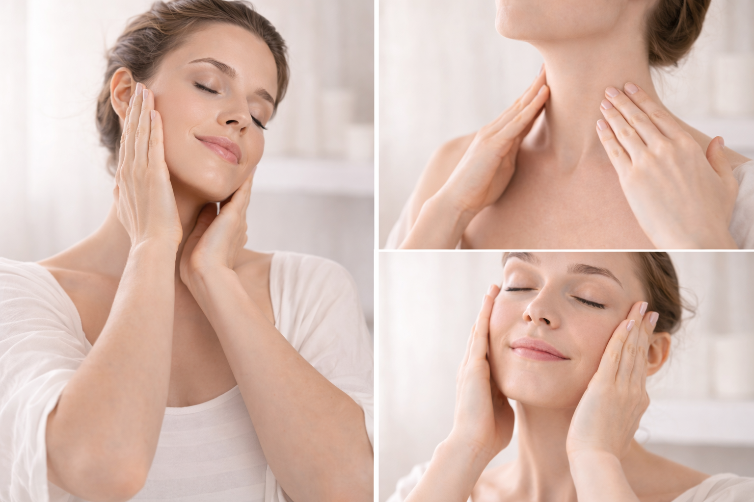 Woman gently massaging neck and face in a skincare collage on a white background