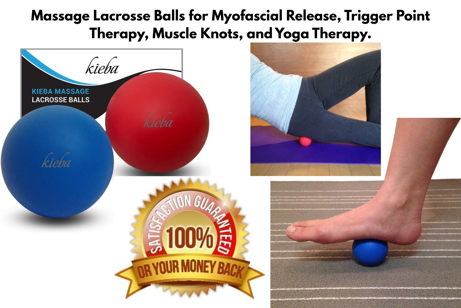 Blue and red massage lacrosse balls for trigger point therapy, with foot and leg use examples and 100% money-back badge