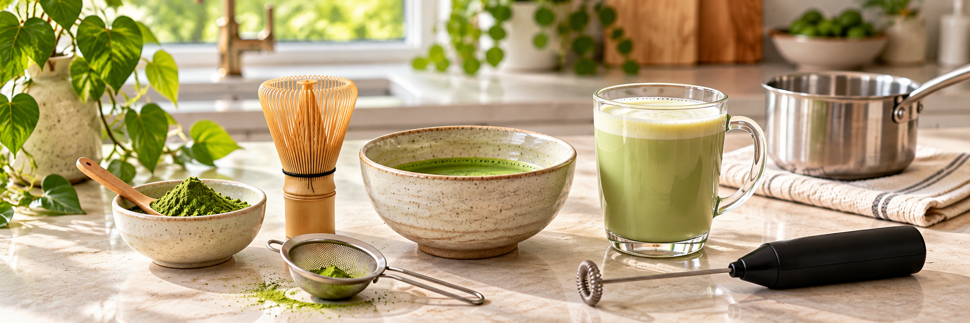 Matcha powder, bamboo whisk, bowl, sifter, milk frother, glass latte mug, and saucepan on countertop.