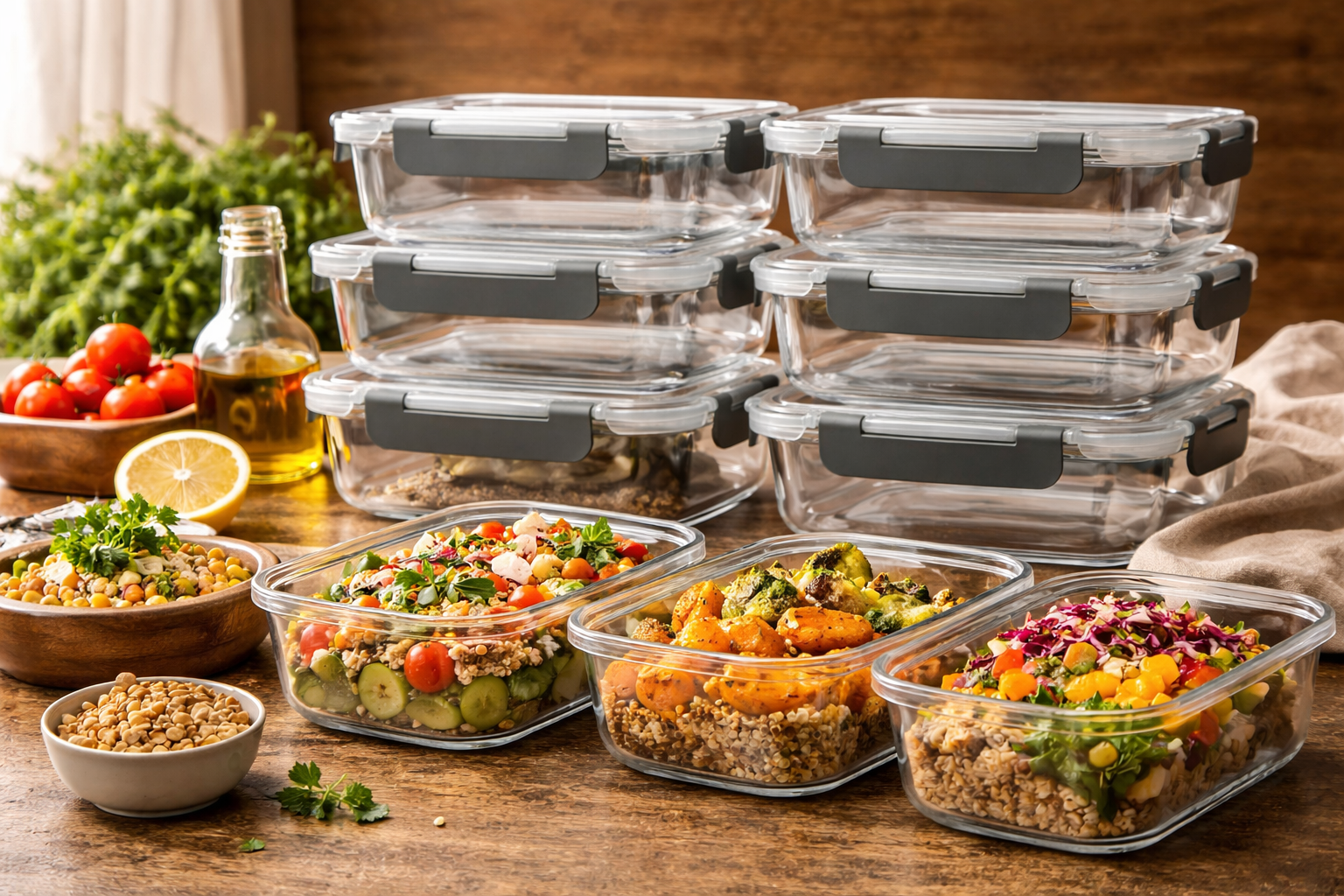 Meal prep containers with colorful grain salads on a kitchen table, with olive oil and cherry tomatoes nearby