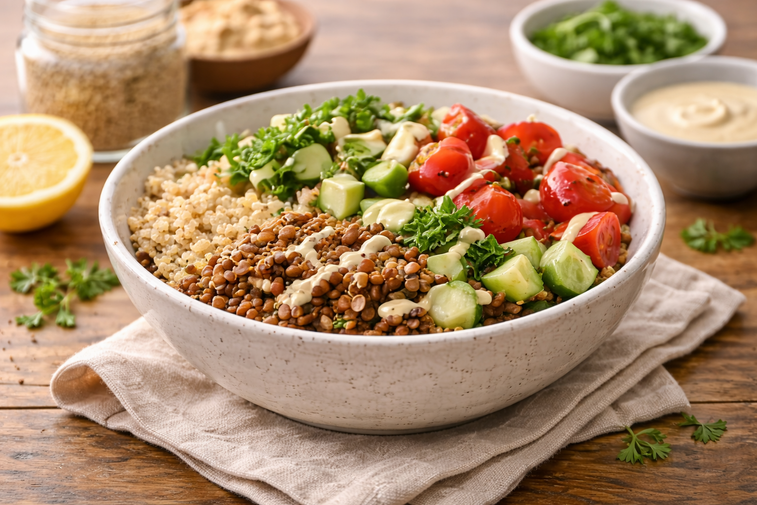Bowl of quinoa, ground meat, avocado, and cherry tomatoes on a wooden table with lemon and herbs