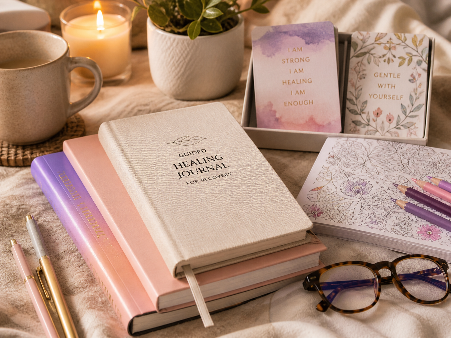 Cozy desk with candles, notebooks, open planner, mug, plant, and eyeglasses in soft pink tones