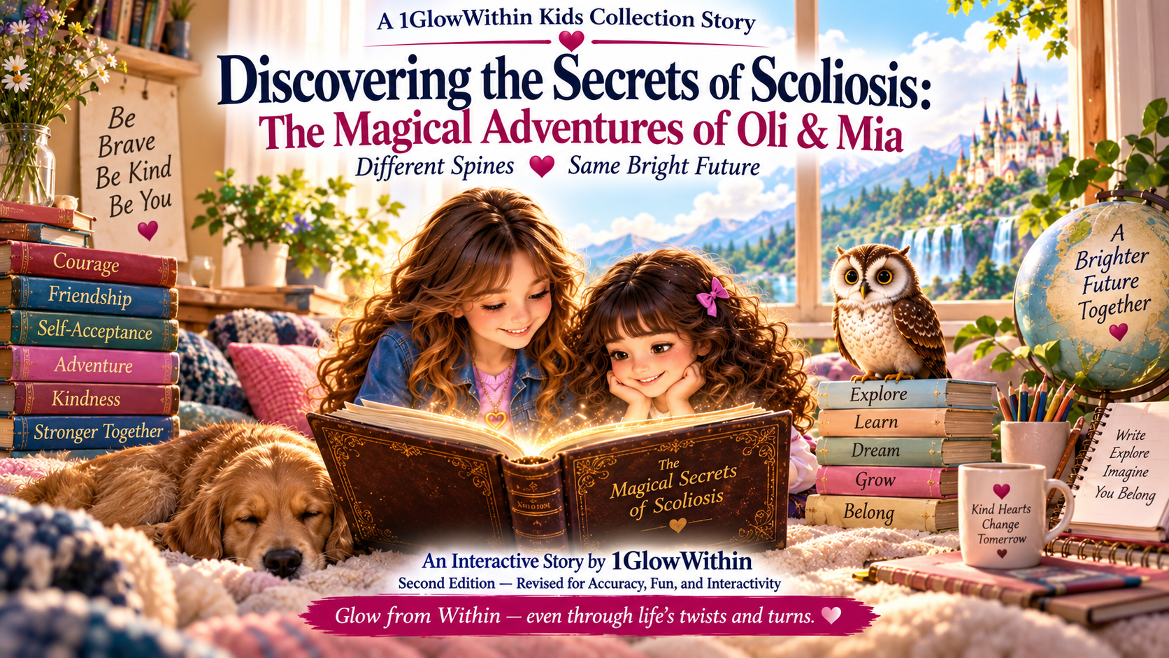 Discovering the Secrets of Scoliosis, Oli and Mia reading a magical glowing book in the colorful world of Spineonia.