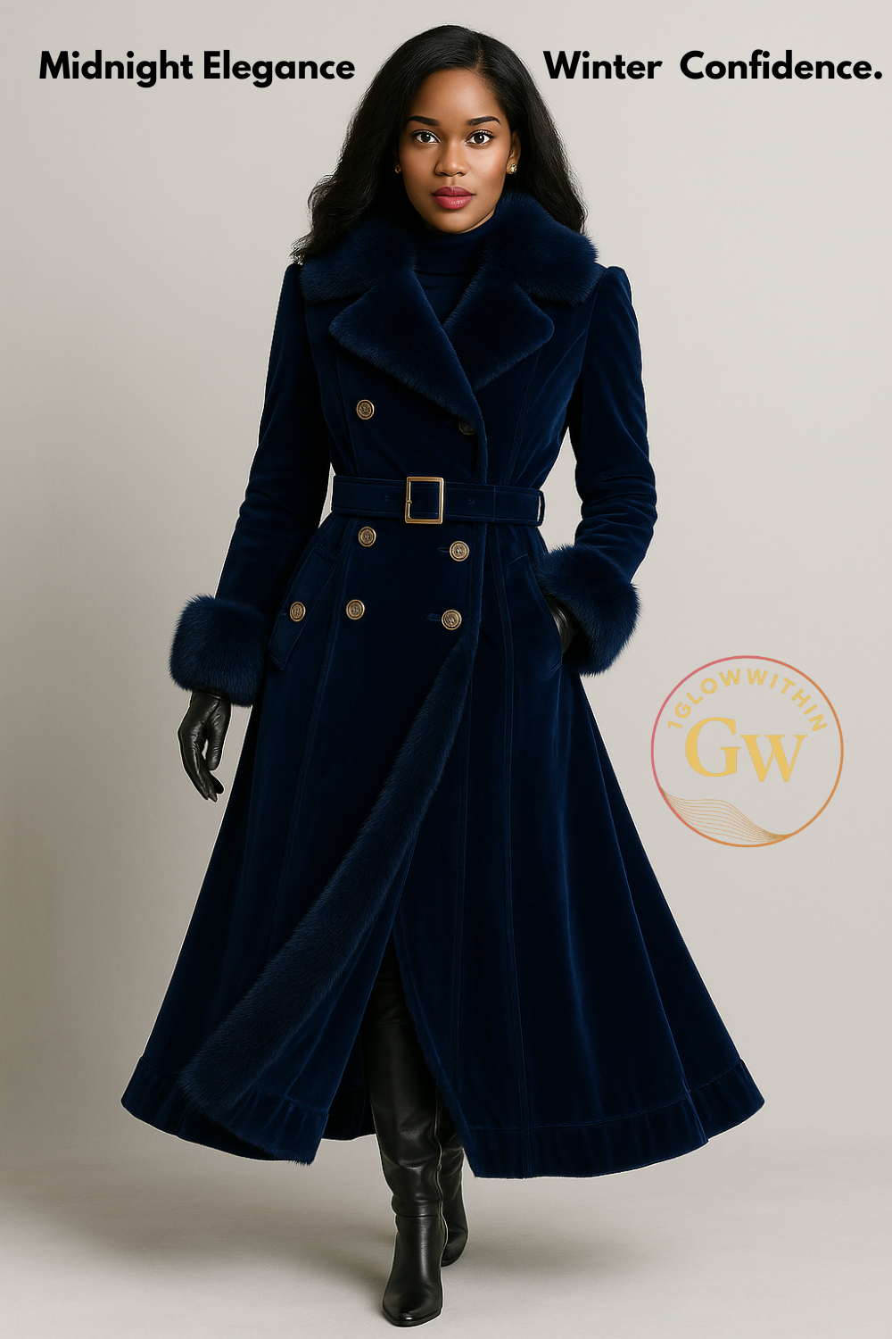 Woman in a navy winter coat and black boots, captioned “Midnight Elegance. Winter Confidence.”