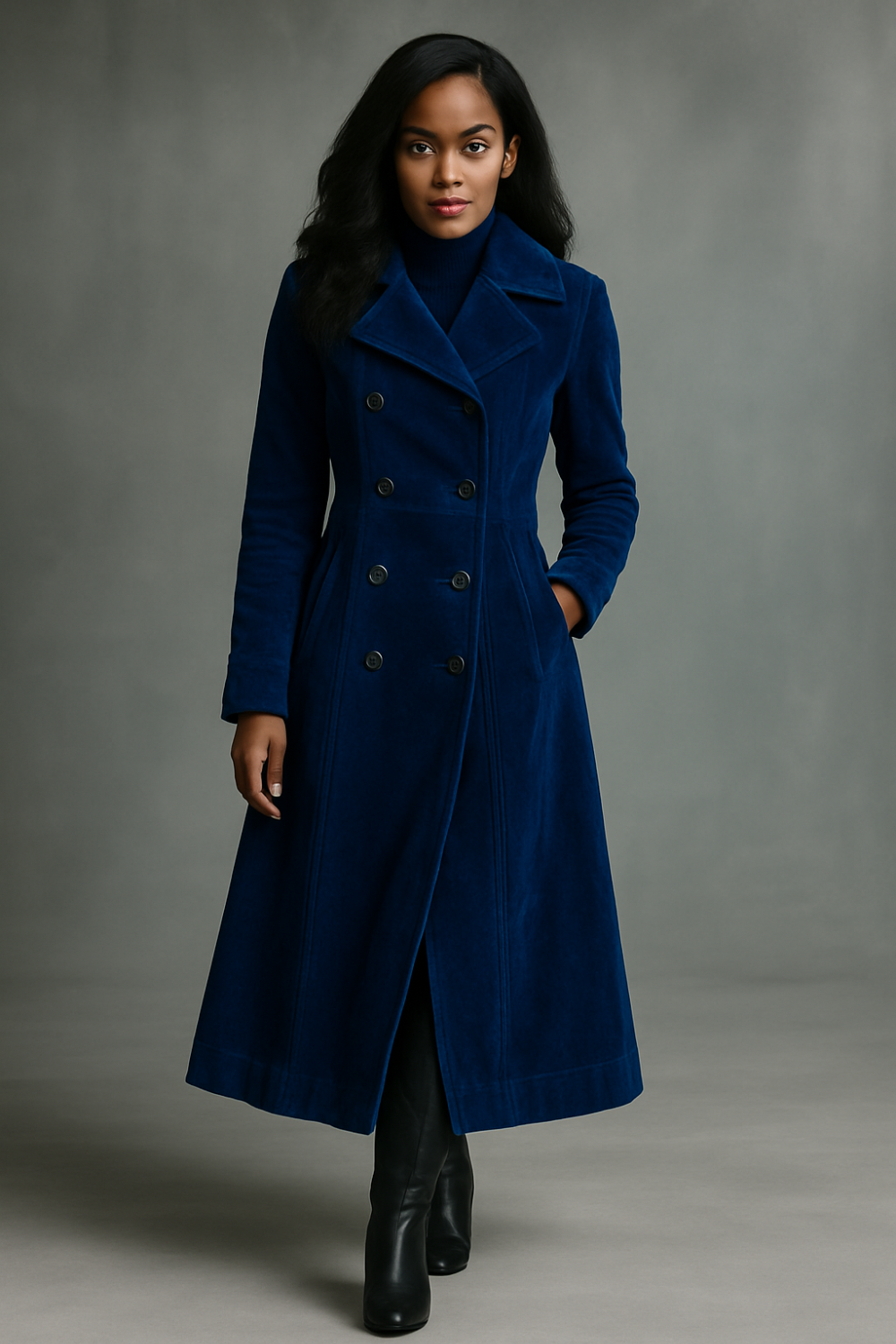 Person in a long navy coat and black boots standing against a gray backdrop.