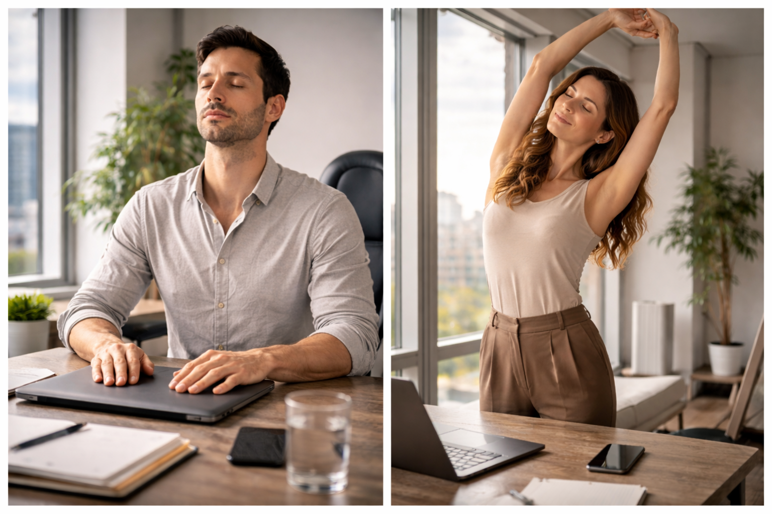 Split-screen of two office workers at desks, one typing and one stretching beside a laptop and phone.