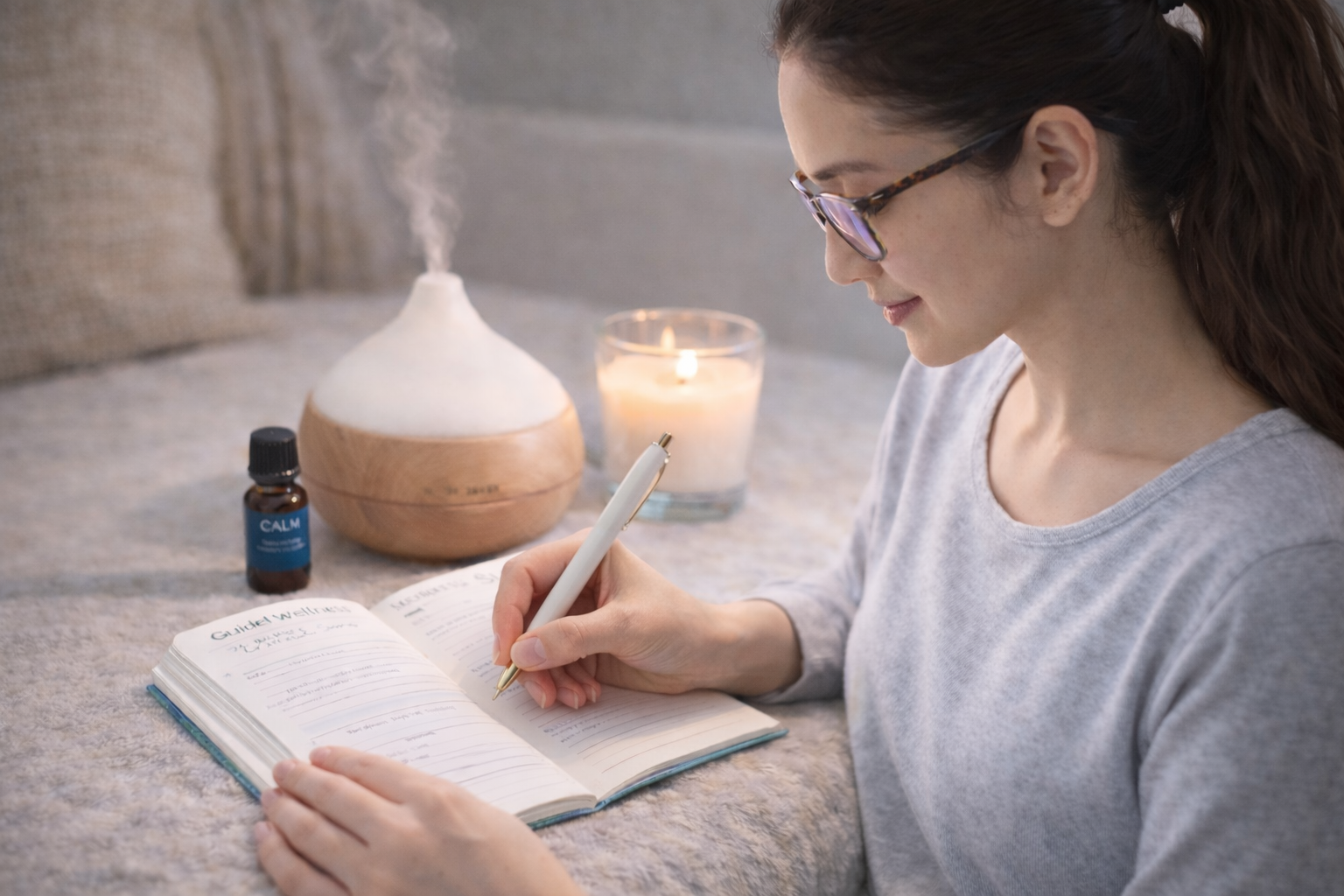 Woman writing in a notebook beside a candle-lit diffuser and essential oil bottle on a table
