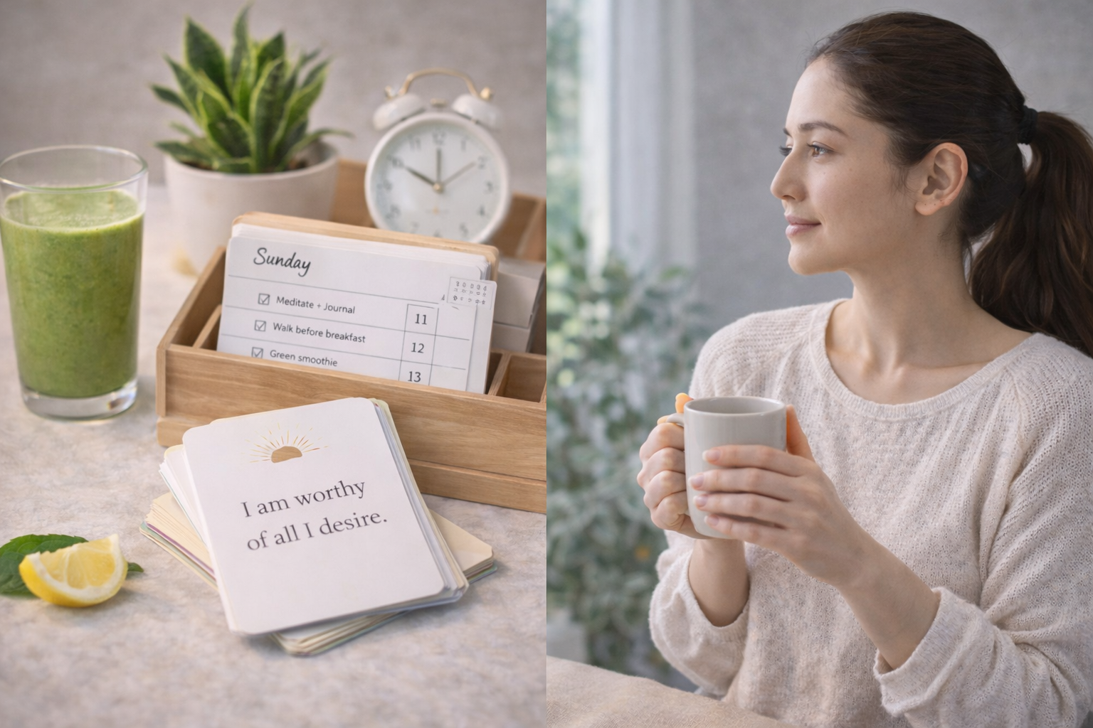 Woman holding a mug beside a wellness journal, green smoothie, plant, and clock on a kitchen counter.