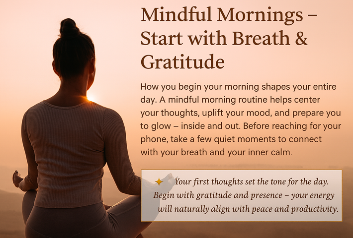 Sunrise yoga silhouette on a beach with text: “Mindful Mornings – Start with Breath & Gratitude.”