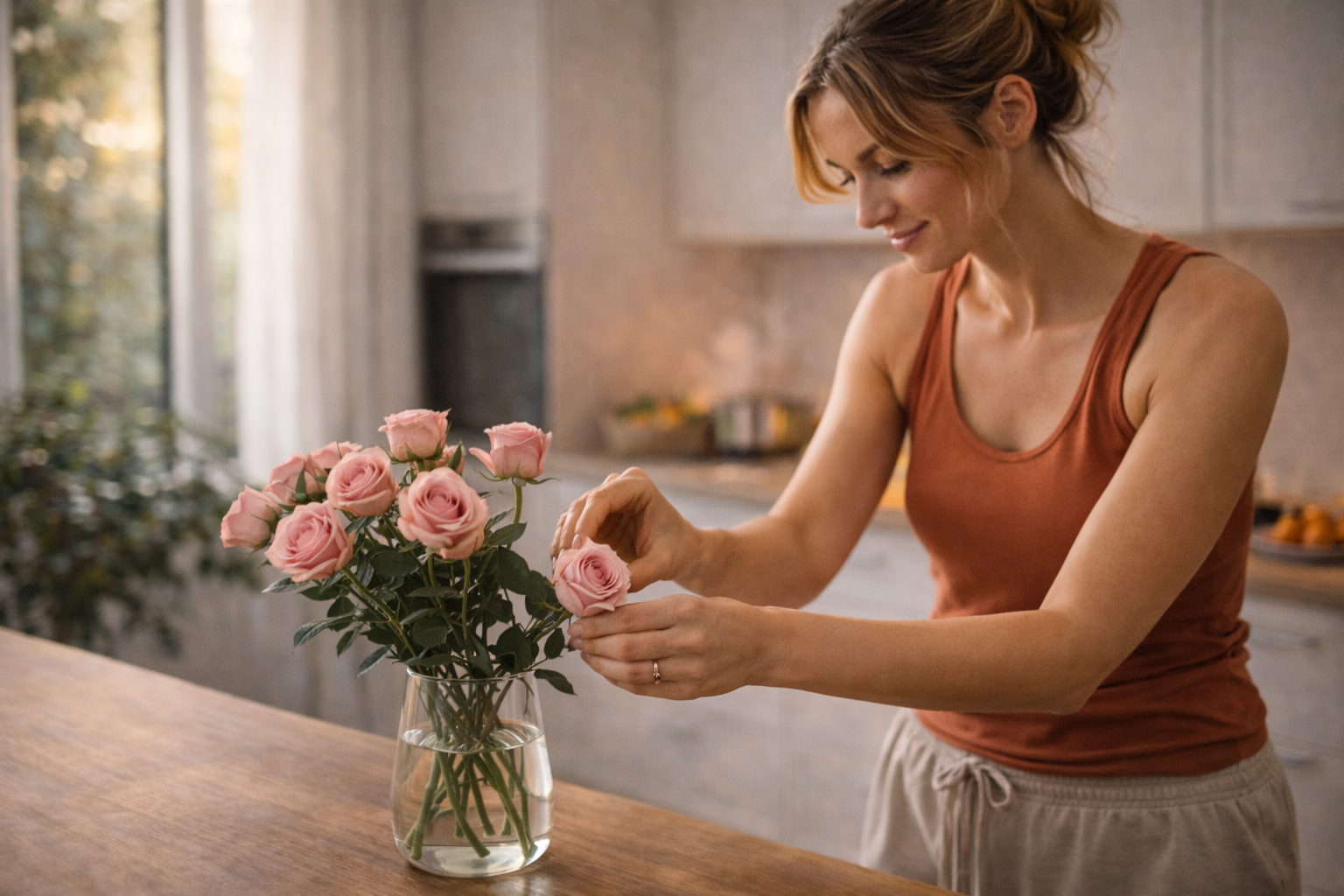 Woman placing rose into vase in kitchen