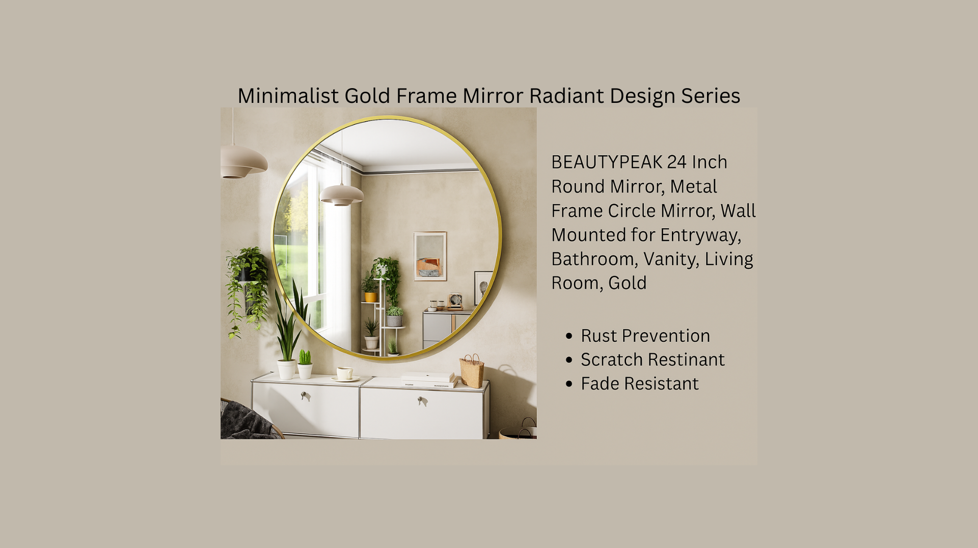 Bathroom vanity with round mirror and gold frame, modern beige decor, product ad text on the right.
