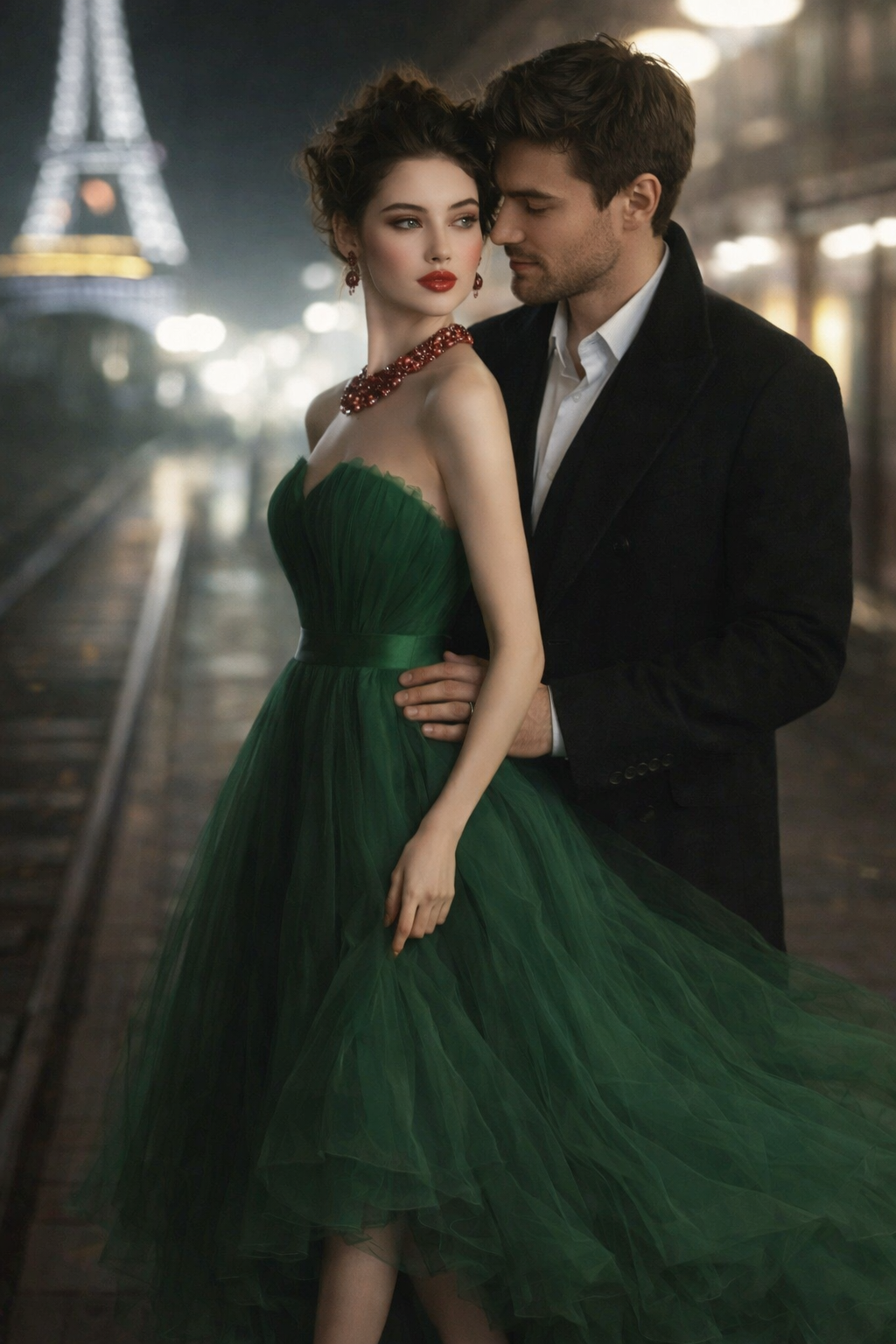 Couple embracing on a rainy Paris street, woman in a green gown, Eiffel Tower glowing in the background