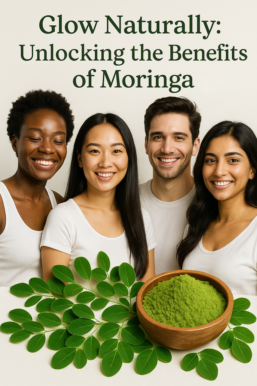 Moringa promo with four smiling people, green leaves, and a bowl of green powder under the text