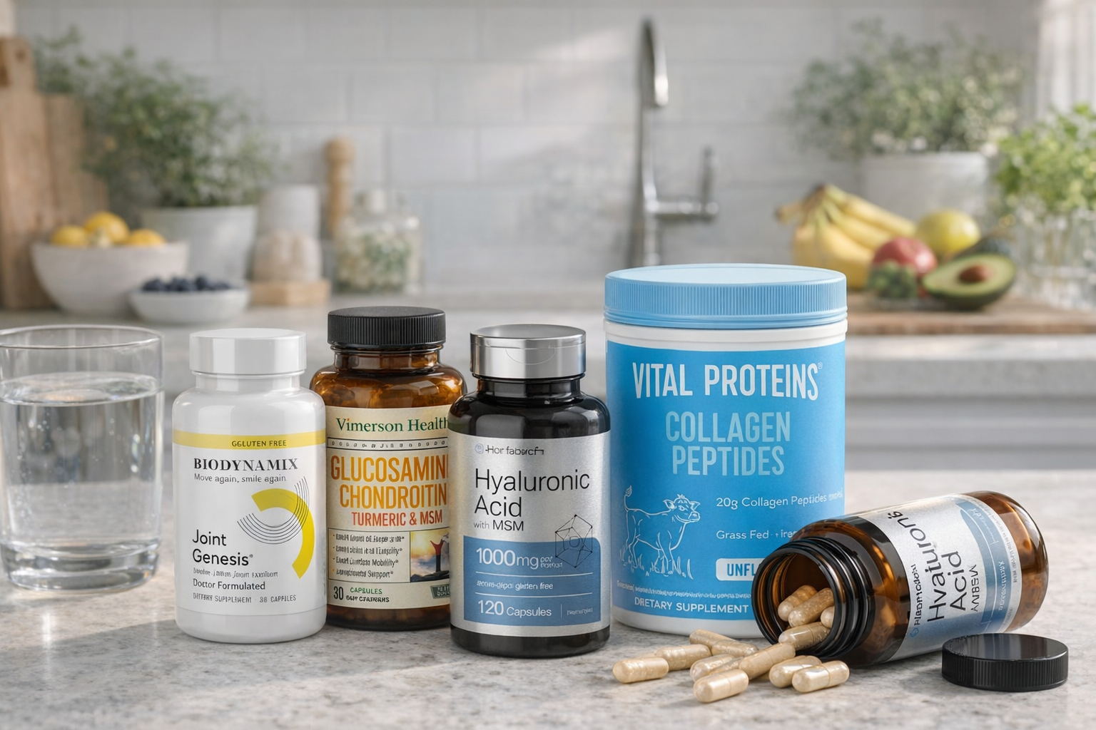 Assorted supplement bottles and capsules on a kitchen counter, including collagen peptides and hyaluronic acid