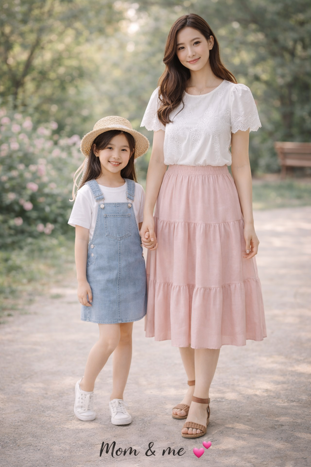 Woman and child in pastel dresses standing outdoors on a sunlit path, smiling at the camera.