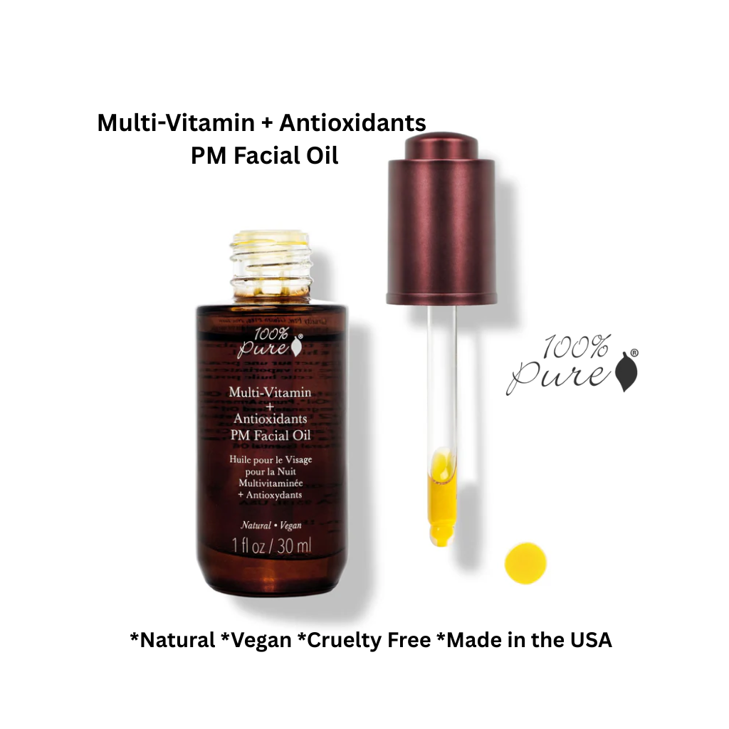 Bottle of multi-vitamin antioxidant facial oil with dropper and “100% pure” text on white background