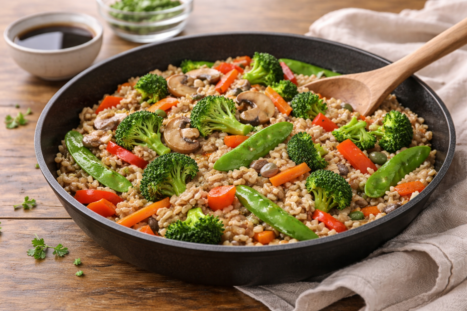 Quinoa stir-fry with broccoli, carrots, mushrooms, and a wooden spoon in a skillet