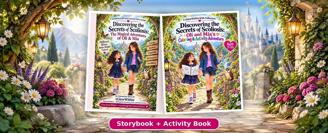 Oli and Mia Scoliosis storybook and activity book bundle for kids ages 7–11