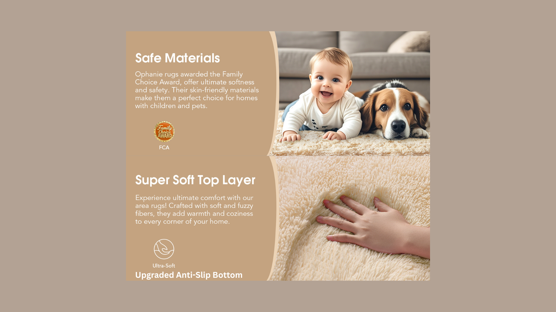 Tan bedding ad with baby, dog, and hand on soft carpet, highlighting safe materials and top-layer softness