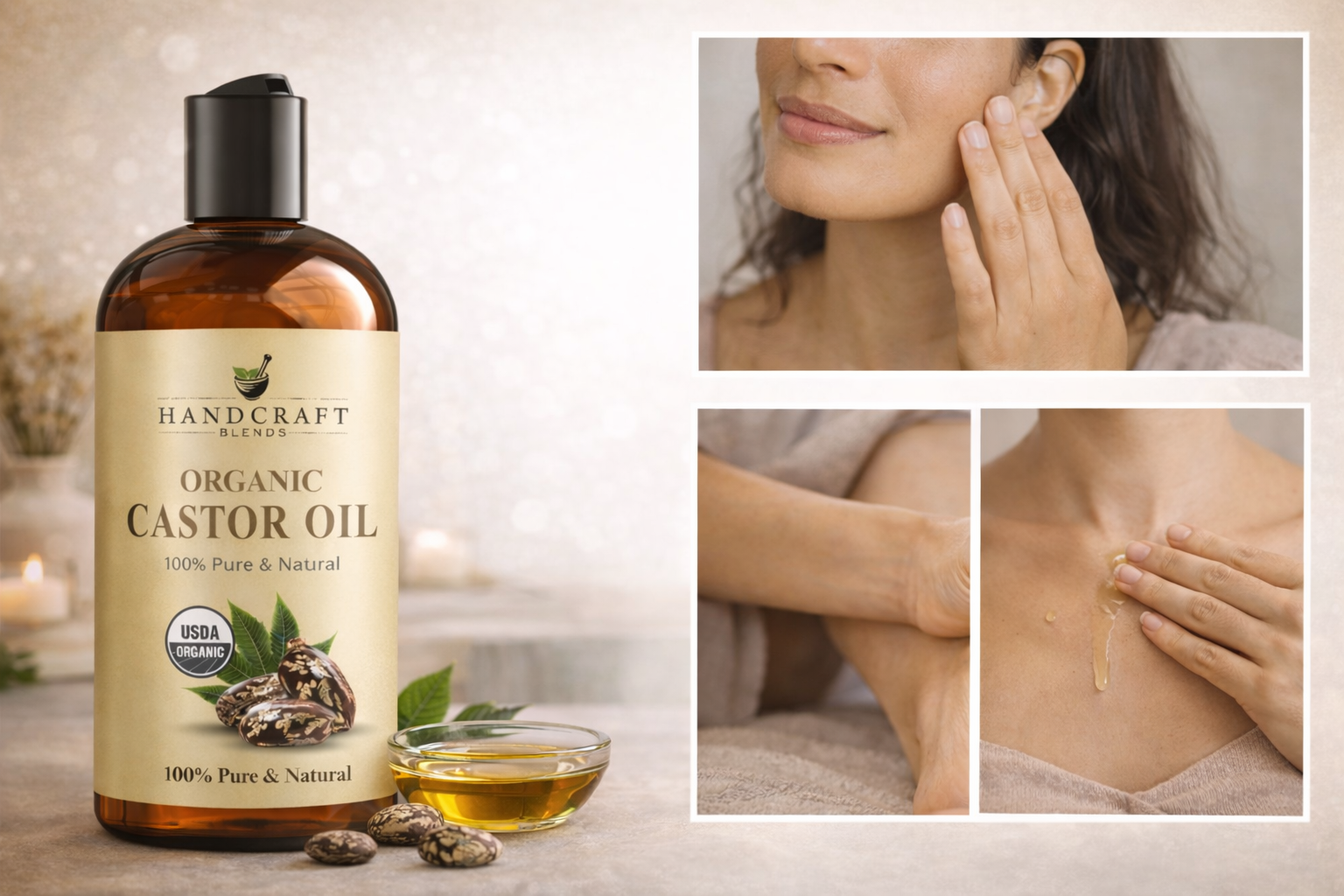 Organic castor oil bottle with applicator, and close-ups of skin being applied to face and arm