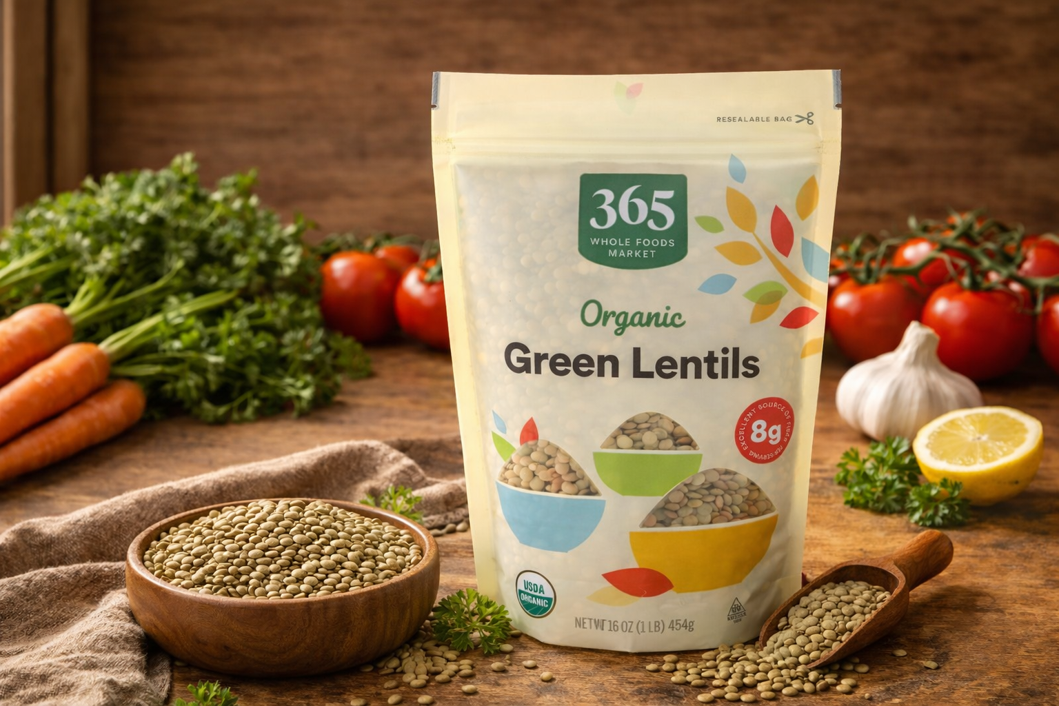 Bag of 365 Organic Green Lentils surrounded by fresh vegetables on a rustic table