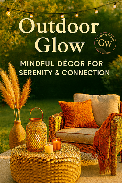 Outdoor lounge with woven chairs and warm lanterns; text reads “Outdoor Glow: Mindful Décor for Serenity & Connection”