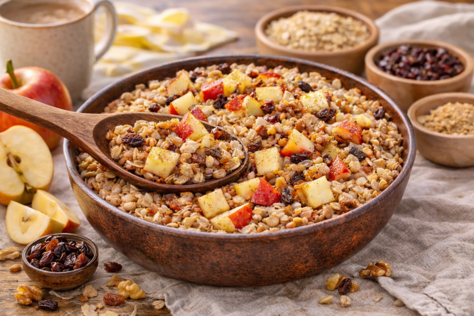 Wooden bowl of granola topped with diced fruit, nuts, and dried berries on a rustic table