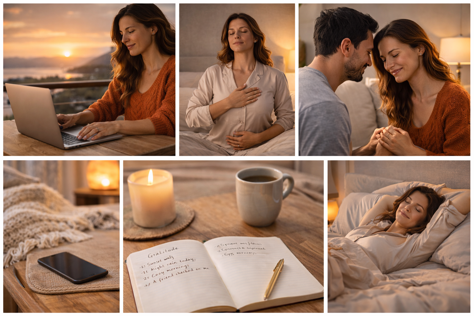 Cozy evening scenes: woman using laptop, couple together, tea and candle on desk, and a person sleeping in bed
