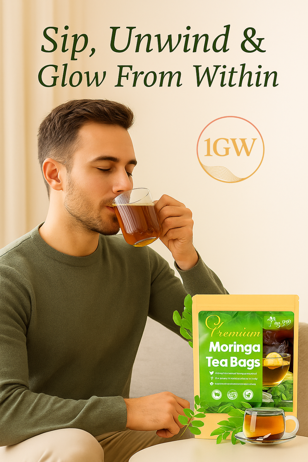 Man drinking tea beside IGW Morning Tea Bags box with slogan “Sip, Unwind & Glow From Within”