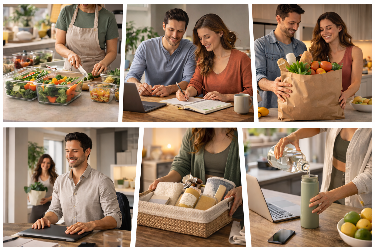 Collage of people shopping, packing groceries, and preparing meals in a bright kitchen