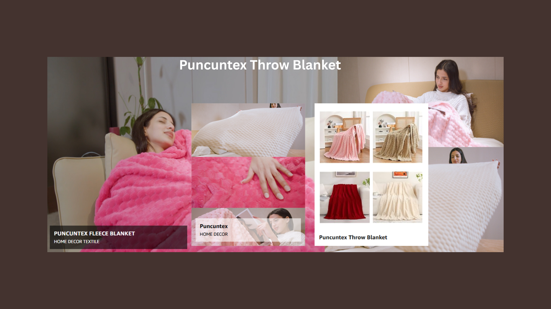 Woman on bed with bright pink throw blanket product collage and close-up of soft texture