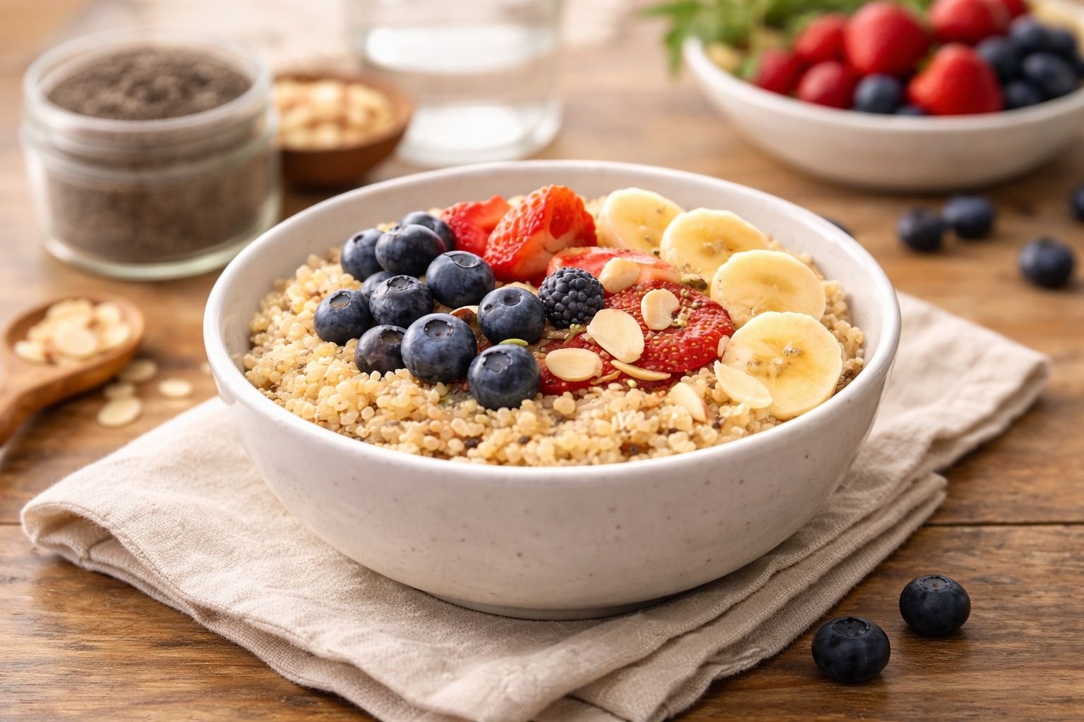 Bowl of oatmeal topped with blueberries, strawberries, and banana slices on a rustic table