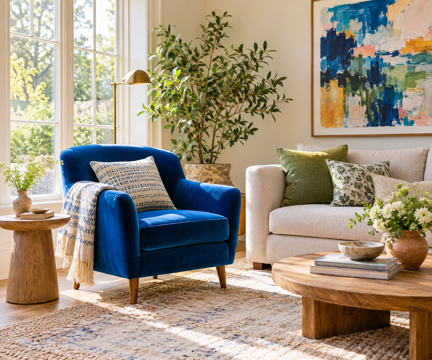 Bright room with luminous blue and meadowland green accents